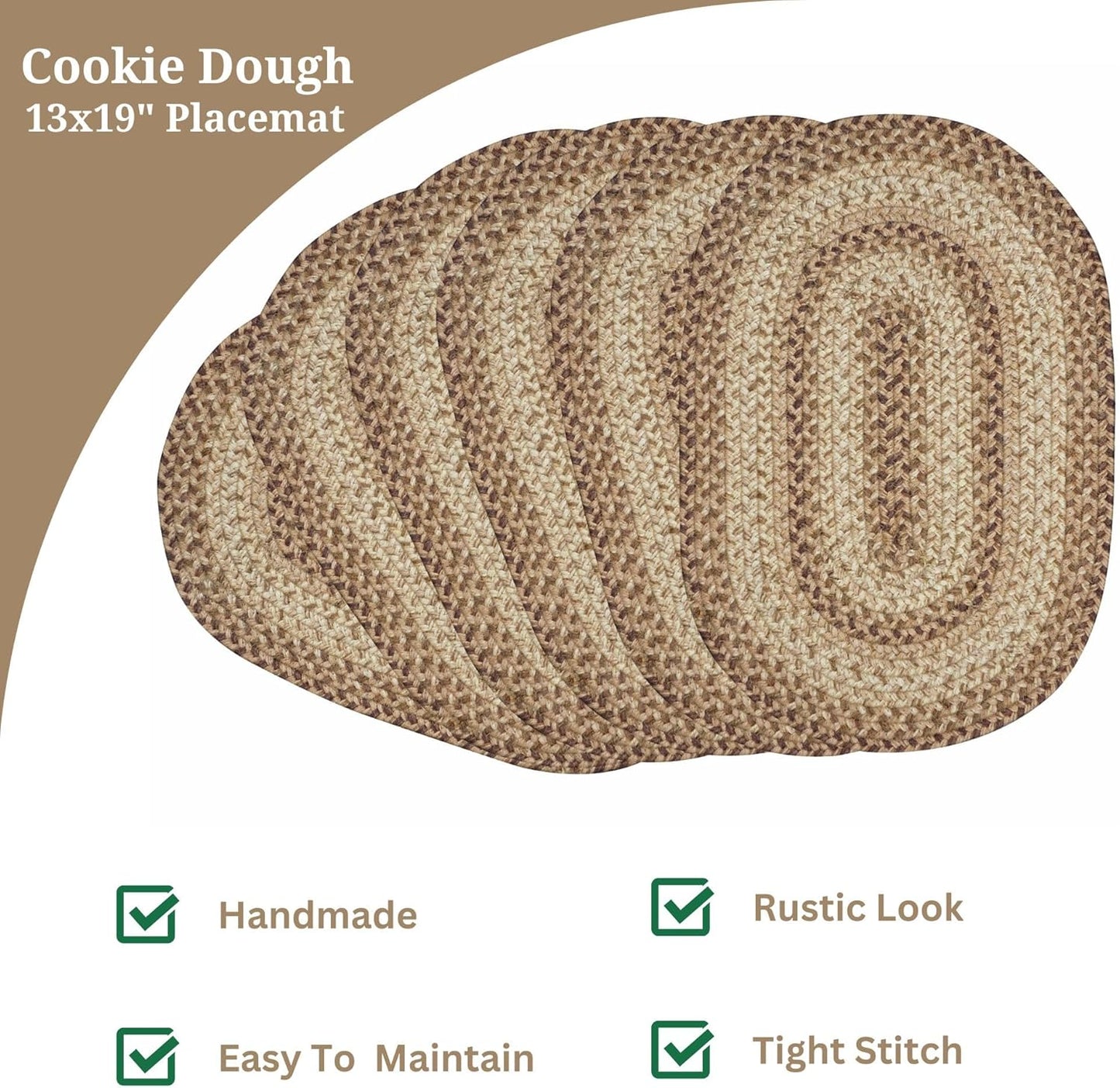 Homespice Cookie Dough Jute Braided Oval Placemats, Warm Farmhouse Decor, Set of 6, 13x19 Brown Table Mats - Vibrant Colors, Durable, Easy to Clean and Protects Furniture