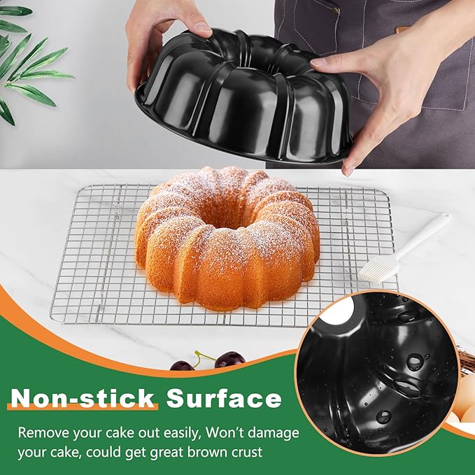 P&P CHEF 10 Inch Black Non-stick Cake Pan, Carbon Steel Fluted Tube Round Baking Pan for Pound Cake, 10-Cup Large Capacity Bakeware, Healthy & Heavy Duty, 1 Piece