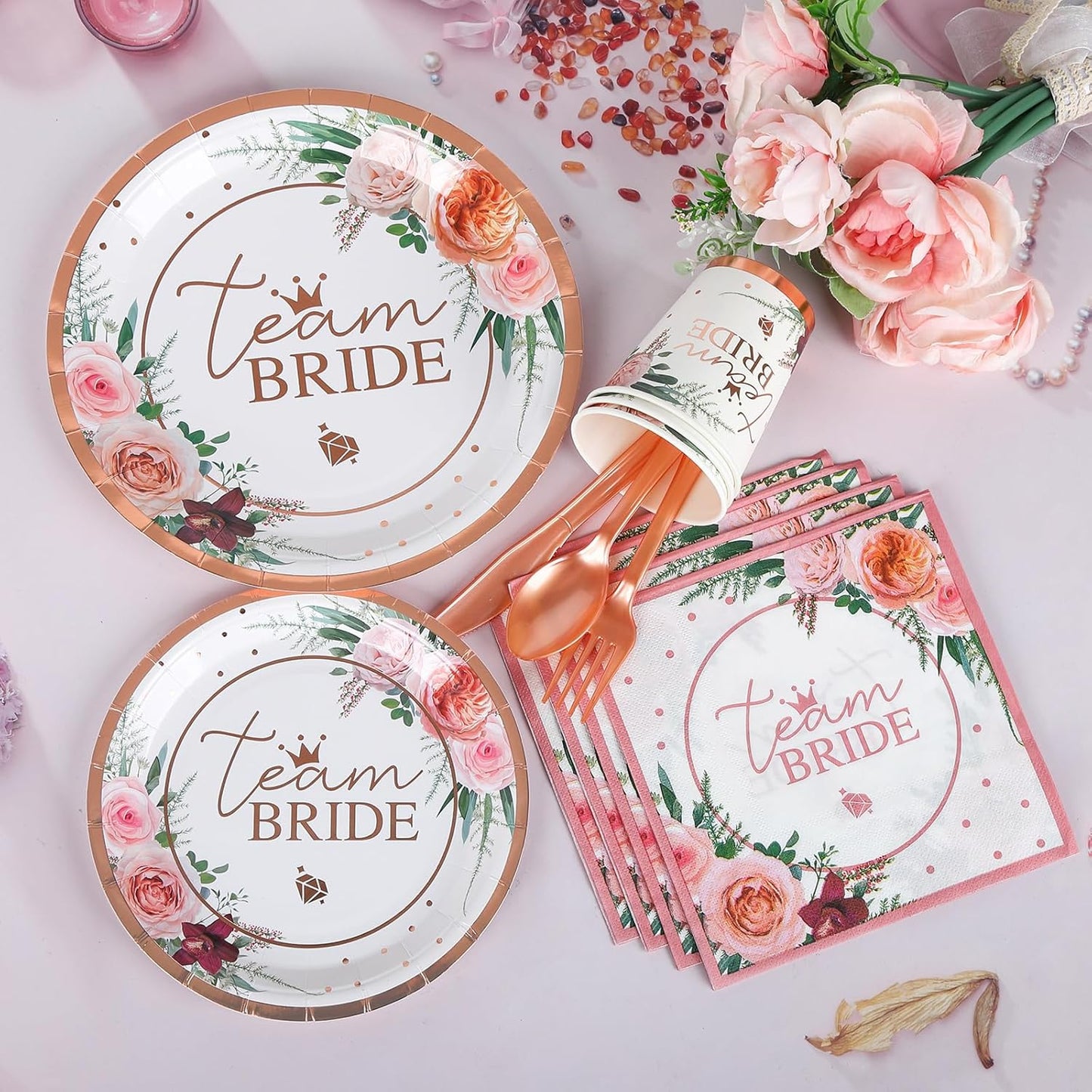 168 PCS Team Bridal Shower Party Supplies Serve 24 Guests Floral Plates and Napkins Disposable Dinnerware Sets for Rose Wedding Engagement Tea Party Bachelorette Decorations