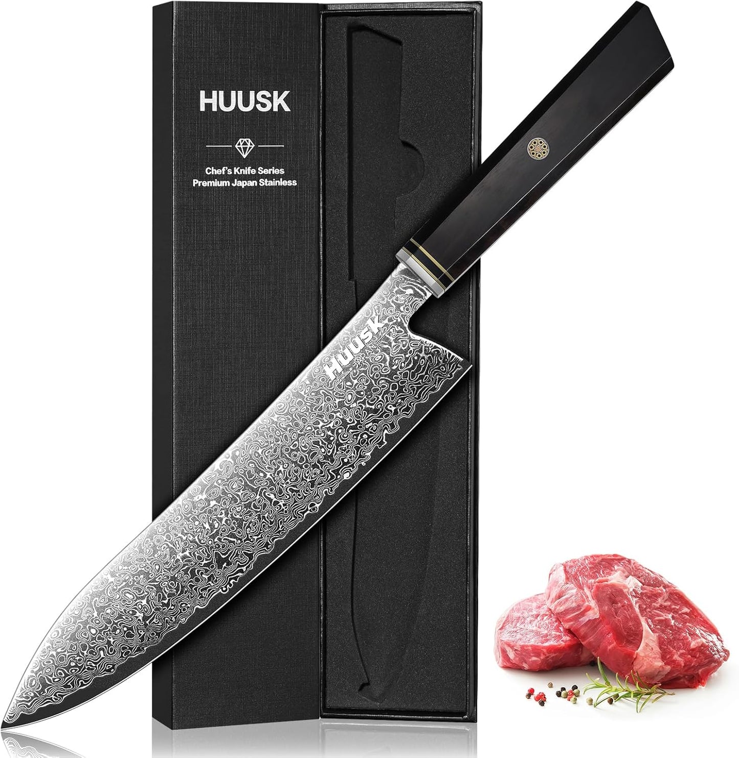 Huusk Damascus Chef Knife 8 Inch, 67-Layers Damascus Kitchen Knives with Ergonomic Wood Handle, Ultra Sharp Japanese Knife, Professional Cooking Knives for Home Kitchen Gift Idea