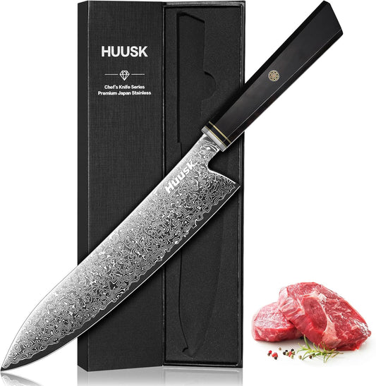 Huusk Damascus Chef Knife 8 Inch, 67-Layers Damascus Kitchen Knives with Ergonomic Wood Handle, Ultra Sharp Japanese Knife, Professional Cooking Knives for Home Kitchen Gift Idea