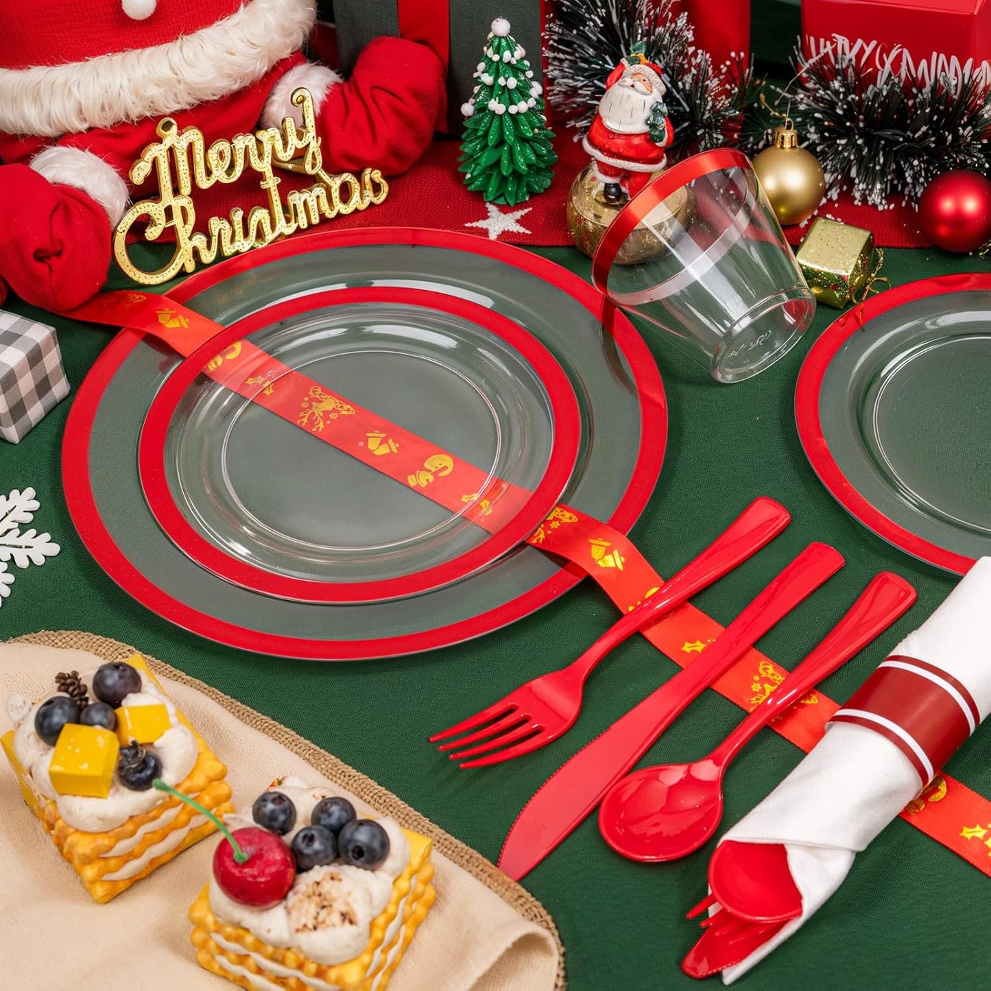 Liacere 350PCS Clear and Red Plastic New Year Plates and Napkins for 50Guests Plastic Dinnerware Set:100 Red Disposable Plates 50 Pre Rolled Napkins with Cutlery,50 Cups for Party＆Christmas