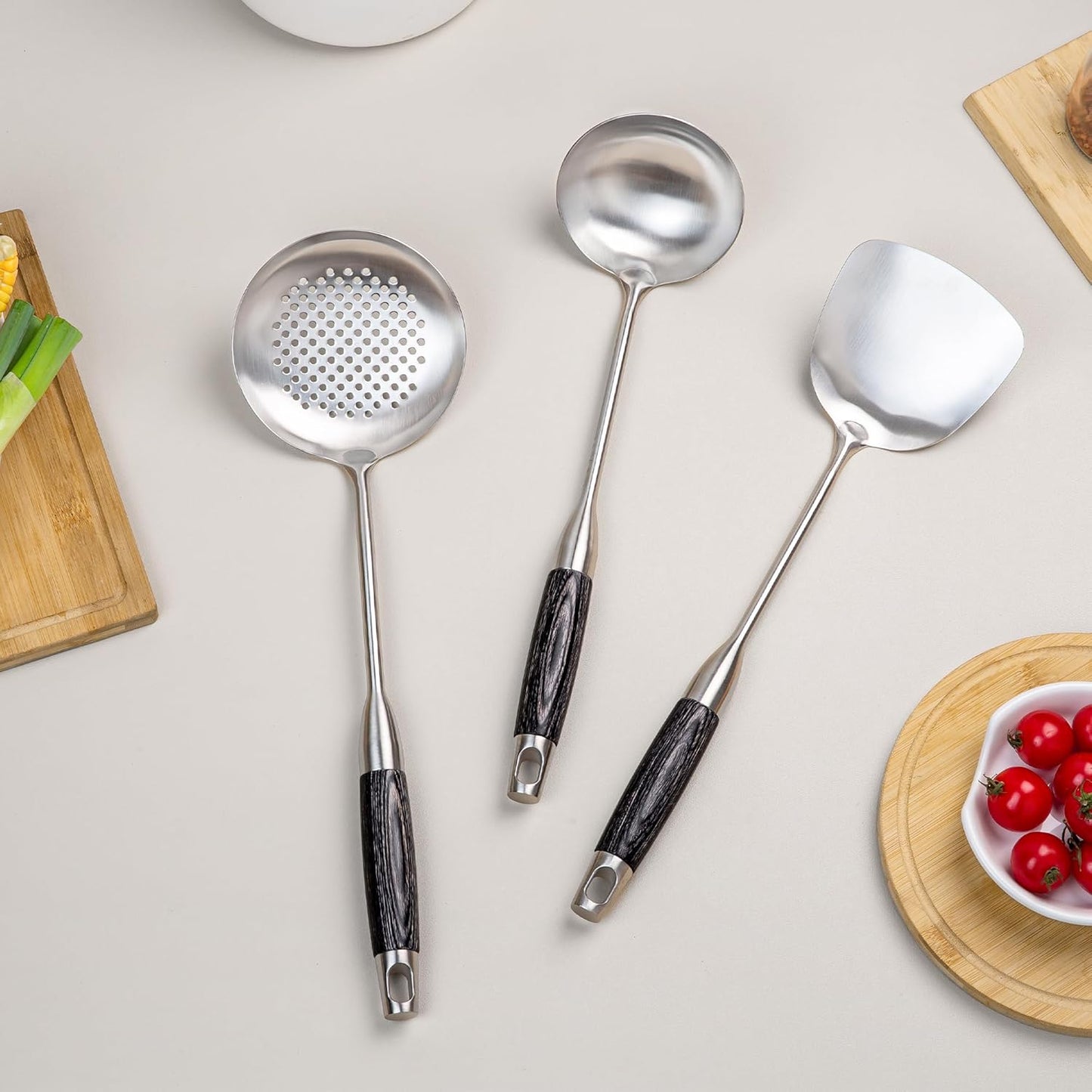 FJNATINH Wok Spatulas Soup Ladle Skimmer Ladle Set, Stainless Steel Wok Tools with Wooden Handle Wok Accessories Sets Cooking Utensils,3 PCS