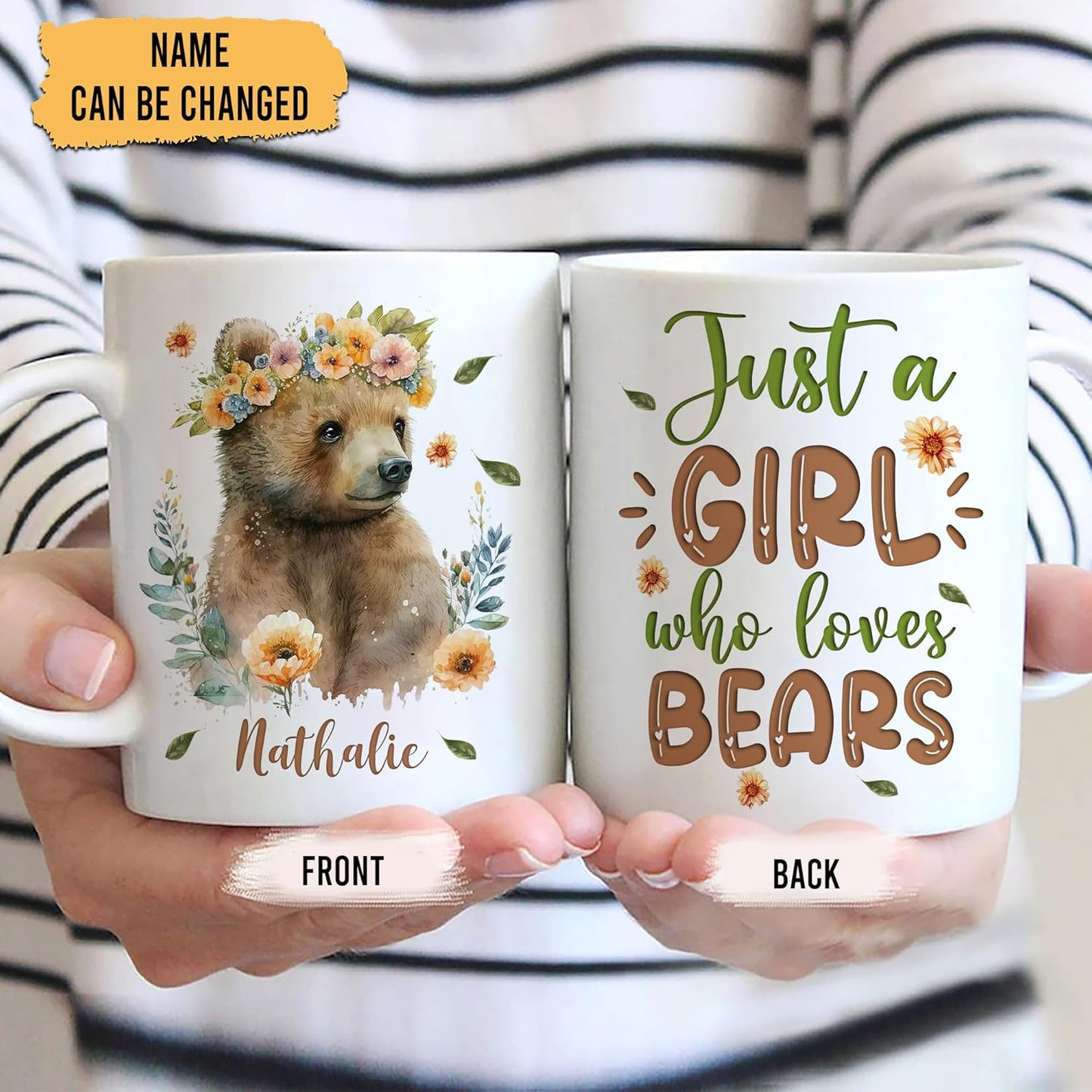 Hyturtle Personalized Gifts Bear Lover - Just A Girl Who Loves Bears Custom Name Ceramic Coffee Mug Cup 11oz - Idea Cute Animal Lover Gifts For Women, Girl Daughter On Birthday, Christmas
