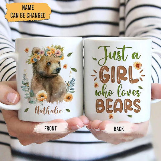 Hyturtle Personalized Gifts Bear Lover - Just A Girl Who Loves Bears Custom Name Ceramic Coffee Mug Cup 11oz - Idea Cute Animal Lover Gifts For Women, Girl Daughter On Birthday, Christmas