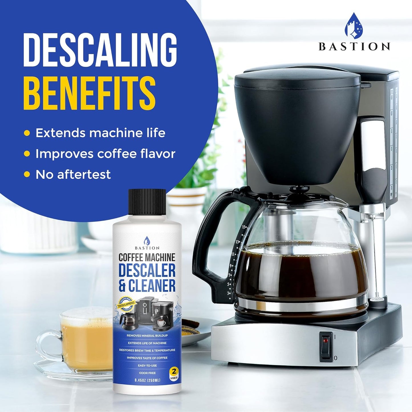 Bastion Coffee Machine Descaler & Cleaner - 2 Uses. (1 Bottle) Universal Descaling Solution Compatible with Keurig, Nespresso, Delonghi and All Single Use Coffee and Espresso Machines