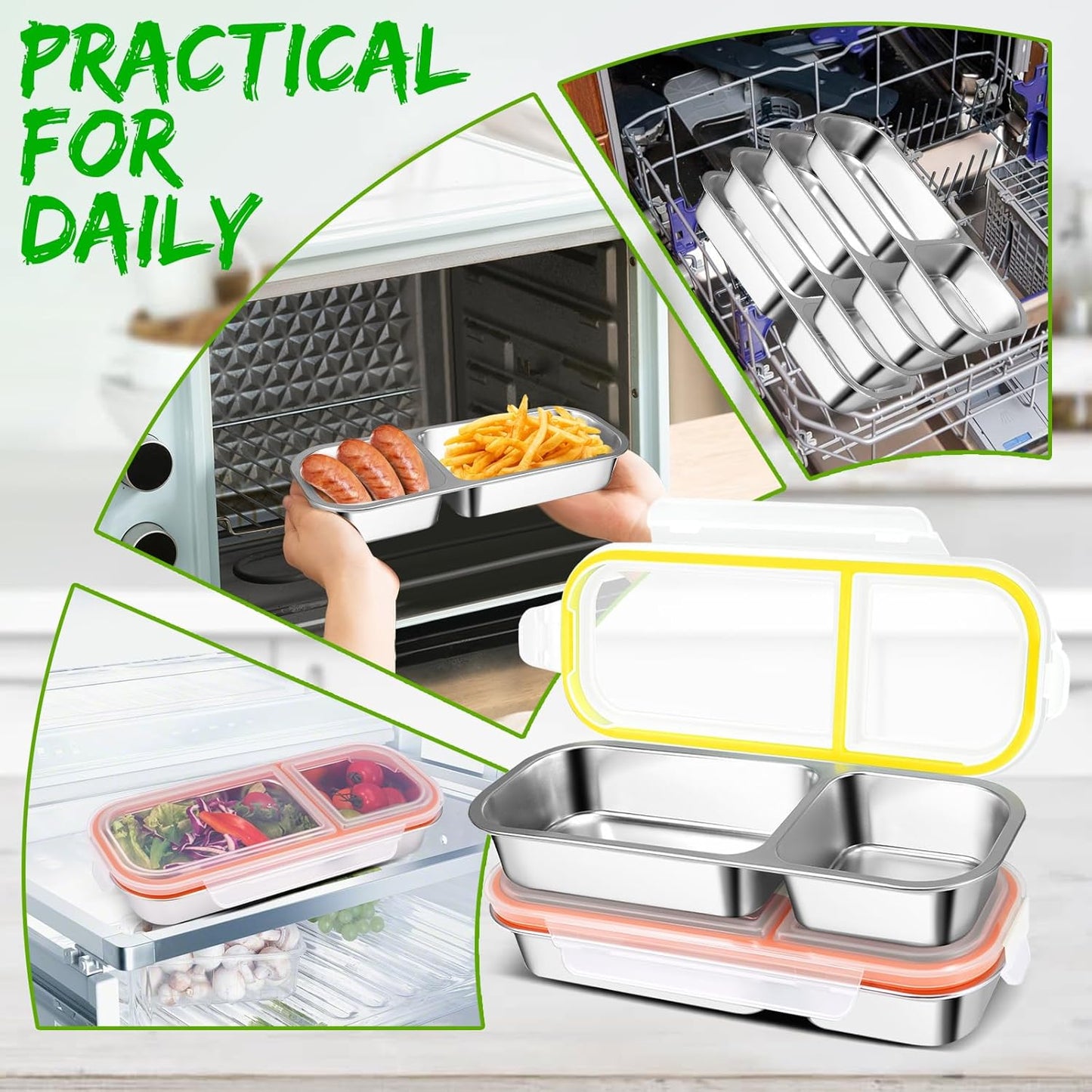 2 Pack Stainless Steel Snack Containers with Lids - Reusable 2 Compartment Snackle Box Container Divide Wet Dry Leakproof Metal Food Storage Containers for School, Home, Travel (Yellow + Orange)