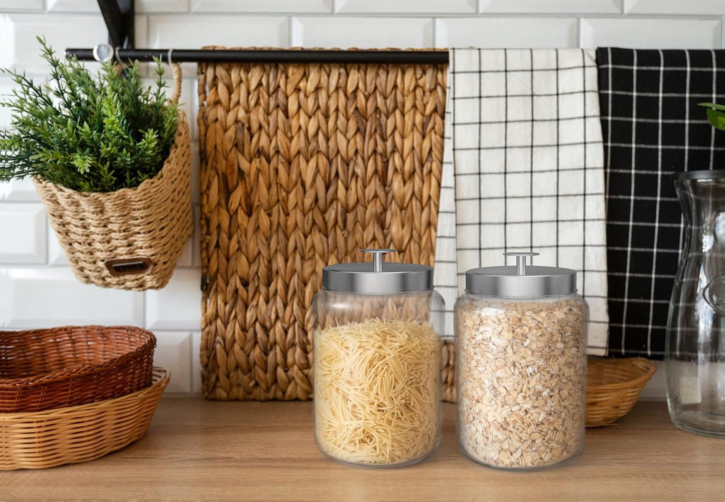 KooK Glass Storage Containers with Lids, 1 Gallon, Set of 2, Glass Canister, Laundry Jar, Kitchen Jar, Storage for Pantry, (3.7, Circular, Silver)