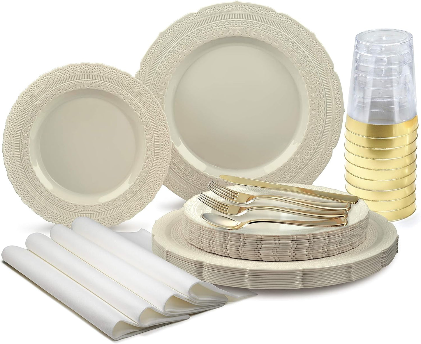 " OCCASIONS " 640pcs set (80 Guests)-Extra Heavyweight Vintage Wedding Disposable/Reusable Plastic Plates 80 x 11'' + 80 x 8.25''+Silverware+Cups+Napkins (Chateau Collection Ivory)