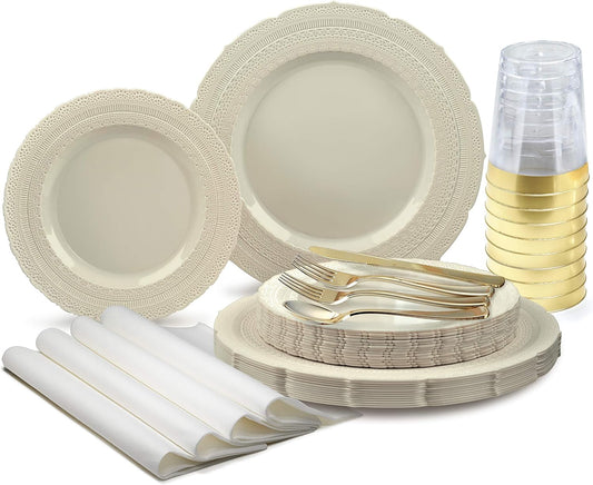 " OCCASIONS " 640pcs set (80 Guests)-Extra Heavyweight Vintage Wedding Disposable/Reusable Plastic Plates 80 x 11'' + 80 x 8.25''+Silverware+Cups+Napkins (Chateau Collection Ivory)