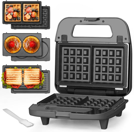 Baker’s Friend 3 in 1 Mini Waffle Maker with Removable Plates, Dual Waffle & Pancake and Grill Plates, Breakfast Sandwich Maker Press, Dishwasher Safe, Non-stick Coating, Graphite