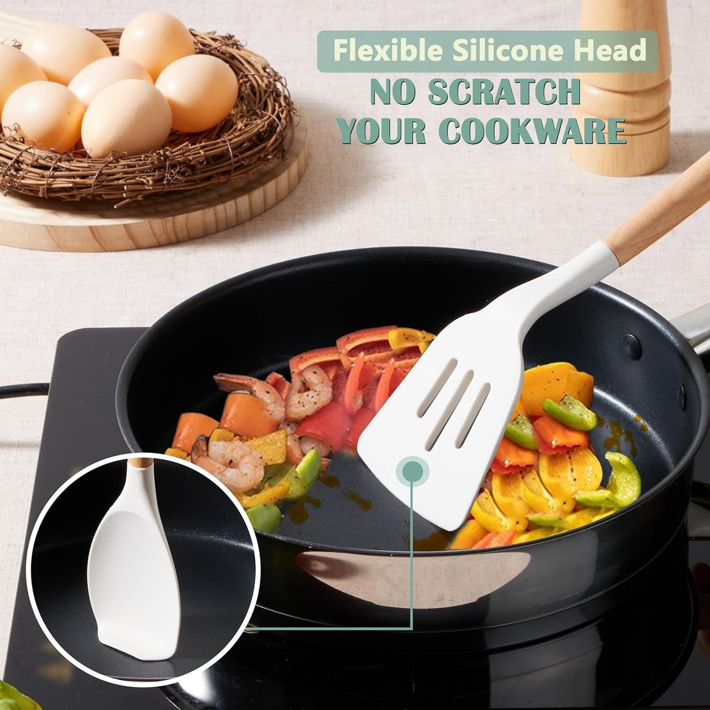 E-far White Cooking Utensils Set with Holder, 25-Piece Silicone Kitchen Utensil Set with Wooden Handle for Nonstick Cookware, 446°F Heat Resistant Kitchen Tool Spatula Tongs Whisk, Non-toxic & Healthy