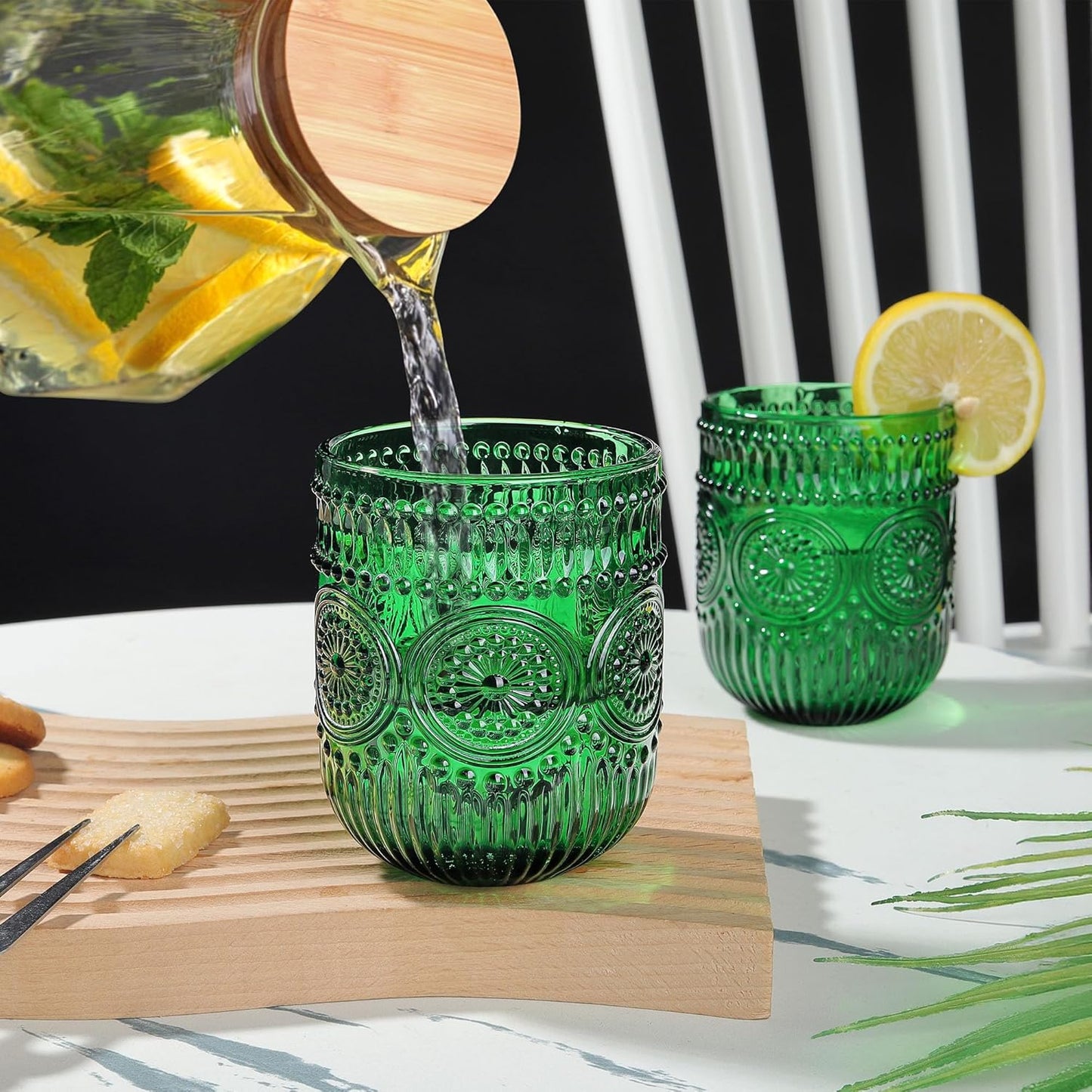 Joeyan Vintage Green Drinking Glasses Set of 4,9 oz Embossed Sunflower Small Water Glass Tumbler Cups,Colored Romantic Beaded Glassware for Beverages Cocktail Juice Wine,Dishwasher Safe
