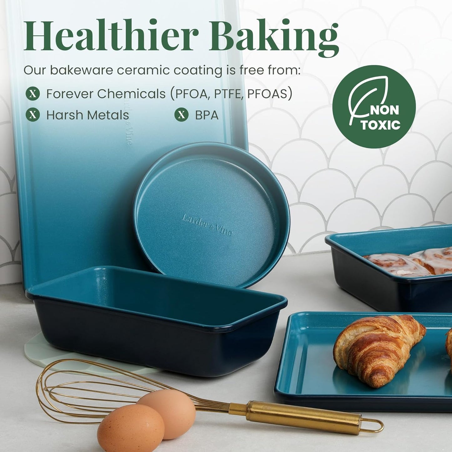 Larder & Vine 8-Piece Bakeware Set | Non-Stick Baking Set with Ceramic Finish | PFAS, PFOA, PTFE, and BPA Free Baking Essentials | Baking Sheets, Muffin Tins and Assorted Baking Pans | Bondi