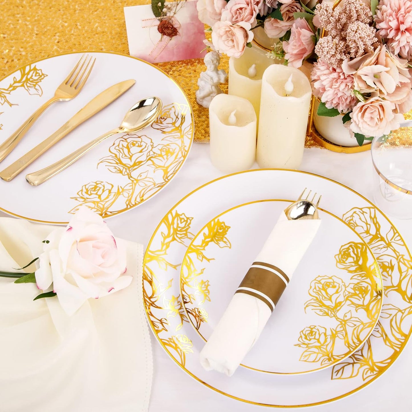 DaYammi 210Pcs White Gold Plastic Plates for Party,Thanksgiving Gold Disposable Dinnerware Set Includes 60 gold floral plates,30 plastic Silverware,30 Per Rolled Napkins,30 Plastic Cups for Party