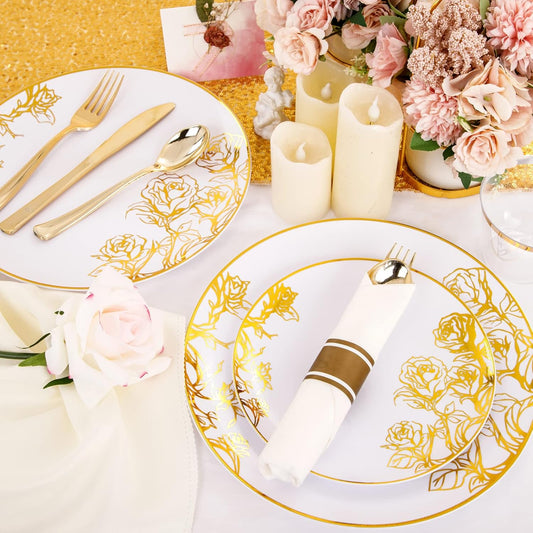 DaYammi 210Pcs White Gold Plastic Plates for Party,Thanksgiving Gold Disposable Dinnerware Set Includes 60 gold floral plates,30 plastic Silverware,30 Per Rolled Napkins,30 Plastic Cups for Party
