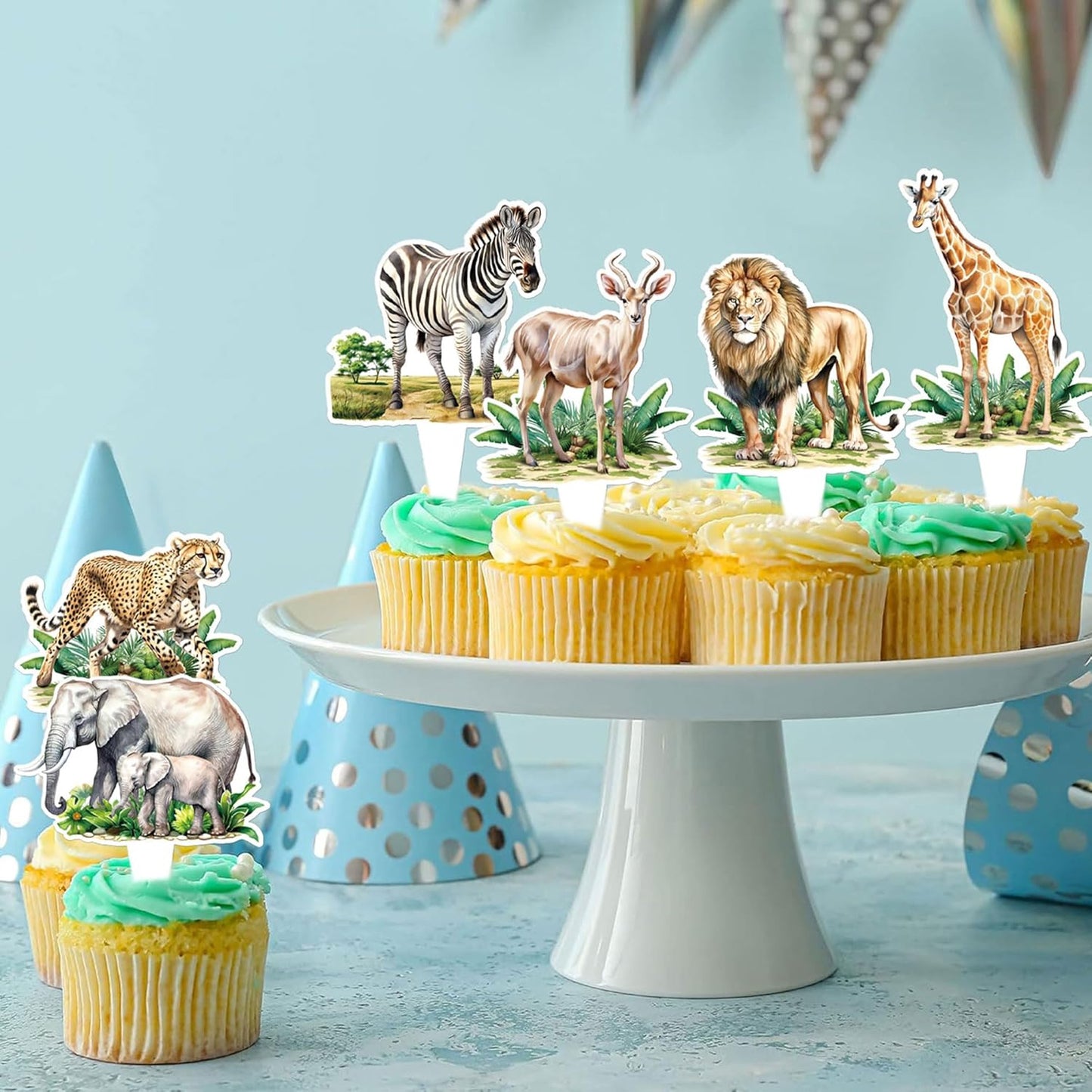 24pcs Jungle Safari Animal Cupcake Toppers,Selected Jungle Themed Children's Party Birthday And Baby Shower Cake Decorations（two-sided）