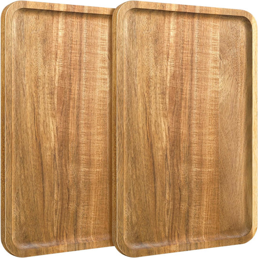 2 PCS 11.8 × 7.8 Solid Acacia Wood Serving Trays Rectangular Wooden Serving Platters Wood Tray Large Wooden Boards Kitchen Display Tray for Food, Charcuterie, Coffee Table Decor
