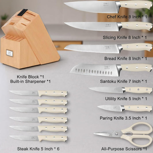 Newly Updated Premium Chef Knife Set High Carbon Stainless Steel Sharp Blade Ergonomic Rivets Handle Knife Block Set Hundreds of Years of Masterful Craftmanship(Ivory,15PCS)