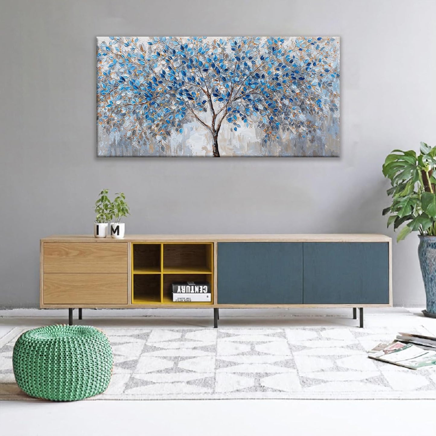Canvas Wall Art Prints Decor Blue White Tree Leaves Wall Art For Living Room Ready To Hang Canvas Prints Wall Decor For Kitchen Bedroom Office 24x48 Inch