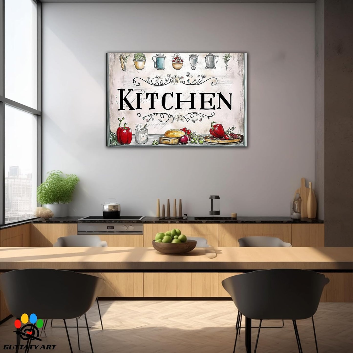 GUTTATY Kitchen Pictures Wall Decor, Farmhouse Wall Art Decor Colorful Vegetables and Flowers Painting for Dinning Room Restaurant Decor, Mother's Day Gift for Grandma Mom Hanging Artwork 32×48 Inch
