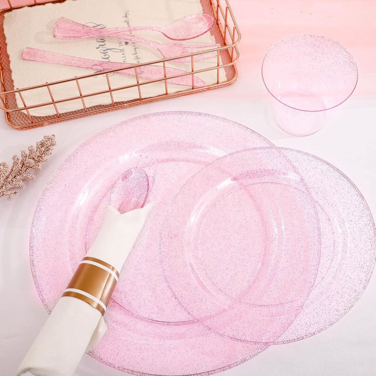DaYammi 350PCS Rose Gold Glitter Dinnerware Set 50 Guest for Party- 50 Pink Plastic Dinner Plates, 50 Dessert Plates- 50 Per Rolled Napkins with Rose Gold Glitter Cutlery - 50 Cups 9 OZ