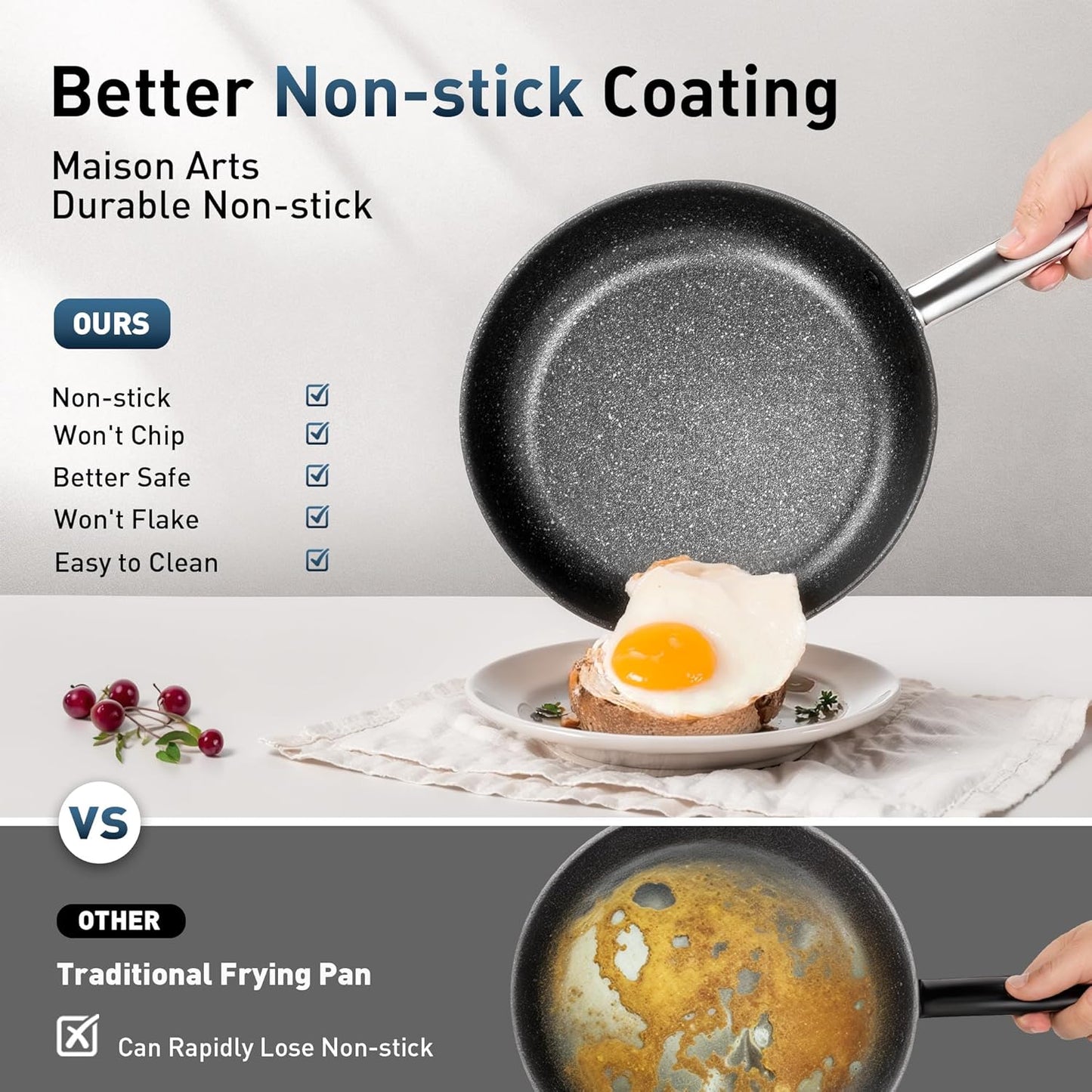 MAISON ARTS Nonstick Frying Pans Set 2 Piece, 9.5" and 11" Skillet with Stainless Steel Handle, Non Toxic Deep Fry Pan, Induction Cookware Sets with Healthy Plasma Titanium Coating