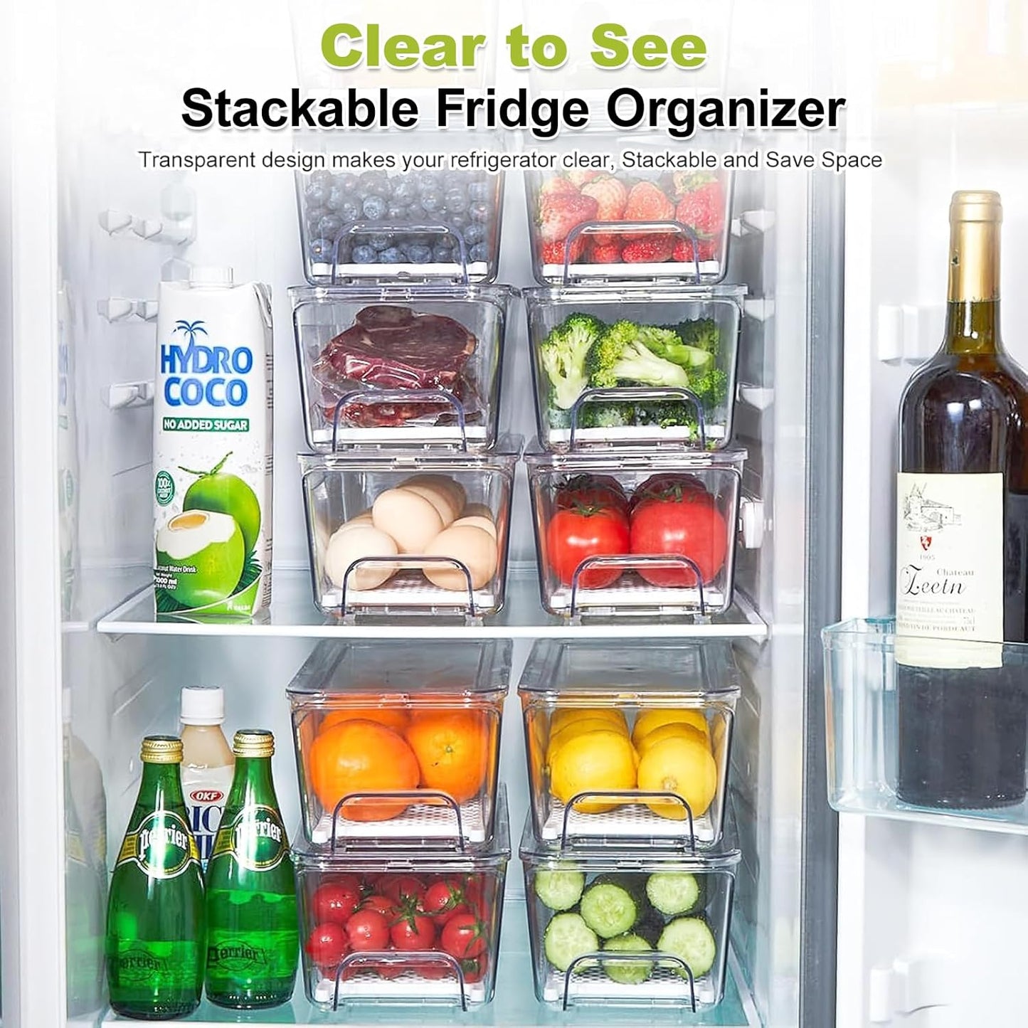 4-Pack Refrigerator Drawer Organizer Bins, Clear Stackable Pull Out Fridge Organizers and Storage Container, with Strainer Layer for Fruits, Vegetables, Drinks, Snack and Food