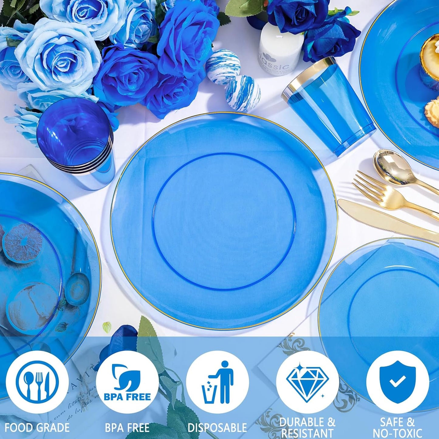 YOUBET 175PCS Clear Blue Plastic Plates - Blue and Gold Disposable Plates Include 50 Plate, 75 Silverware, 25 Cups, 25 Napkins for Wedding & Party
