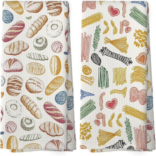 Pasta and Bread Food Kitchen Towels Set of 2, Bread Pasta Lovers Minimal Dining Room Decor Hand Towel, Kitchen Sets for Home Decorations Tea Towel Dish Towels 16x24 Inch