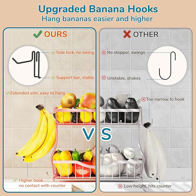 Large 2-Tier Fruit Basket for Kitchen Counter with 2 Banana Hangers – Metal Fruit Bowl for Onion, Vegetable, Snacks, Breads Storage – Countertop Organizer – Pink