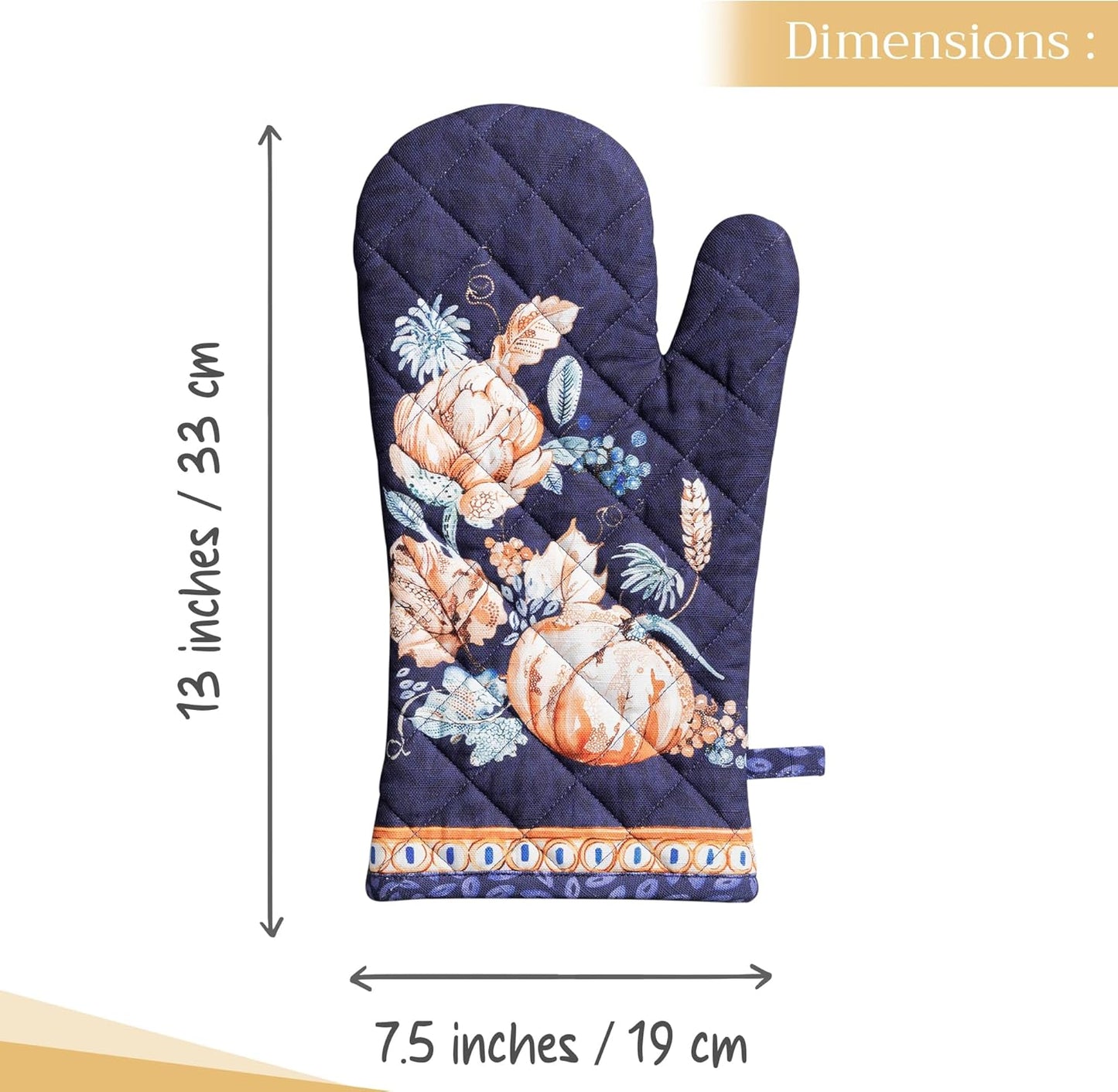 Maison d' Hermine Oven Gloves 100% Cotton Oven Mitt 7" x 13" with Loop Heat Resistant BBQ Cooking Gloves for Thanksgiving Christmas Decorations Baking Handling Hot Pans (Pack of 1, Pumpkin Blues)