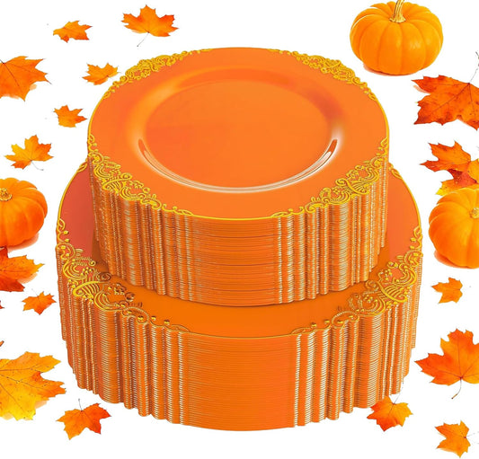 102PCS Orange Plastic Plates - Orange and Gold Disposable Plates - Party Plate with Gold Rim - Vintage Disposable Plate Serving for 51Guests for Thanksgiving & Halloween Party