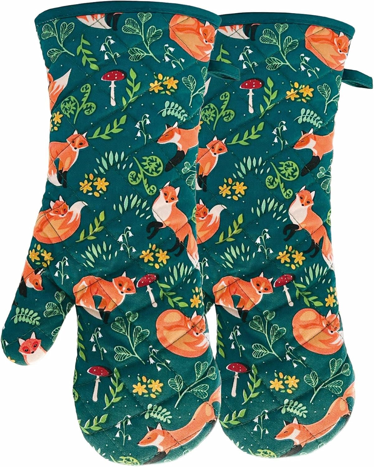 Oven Mitts Cotton Fashion Cute Fox Design 1 pair Heat Resistant Oven Gloves Safe Cooking Baking Grilling Barbecue Machine Washable (fox, oven mitts)