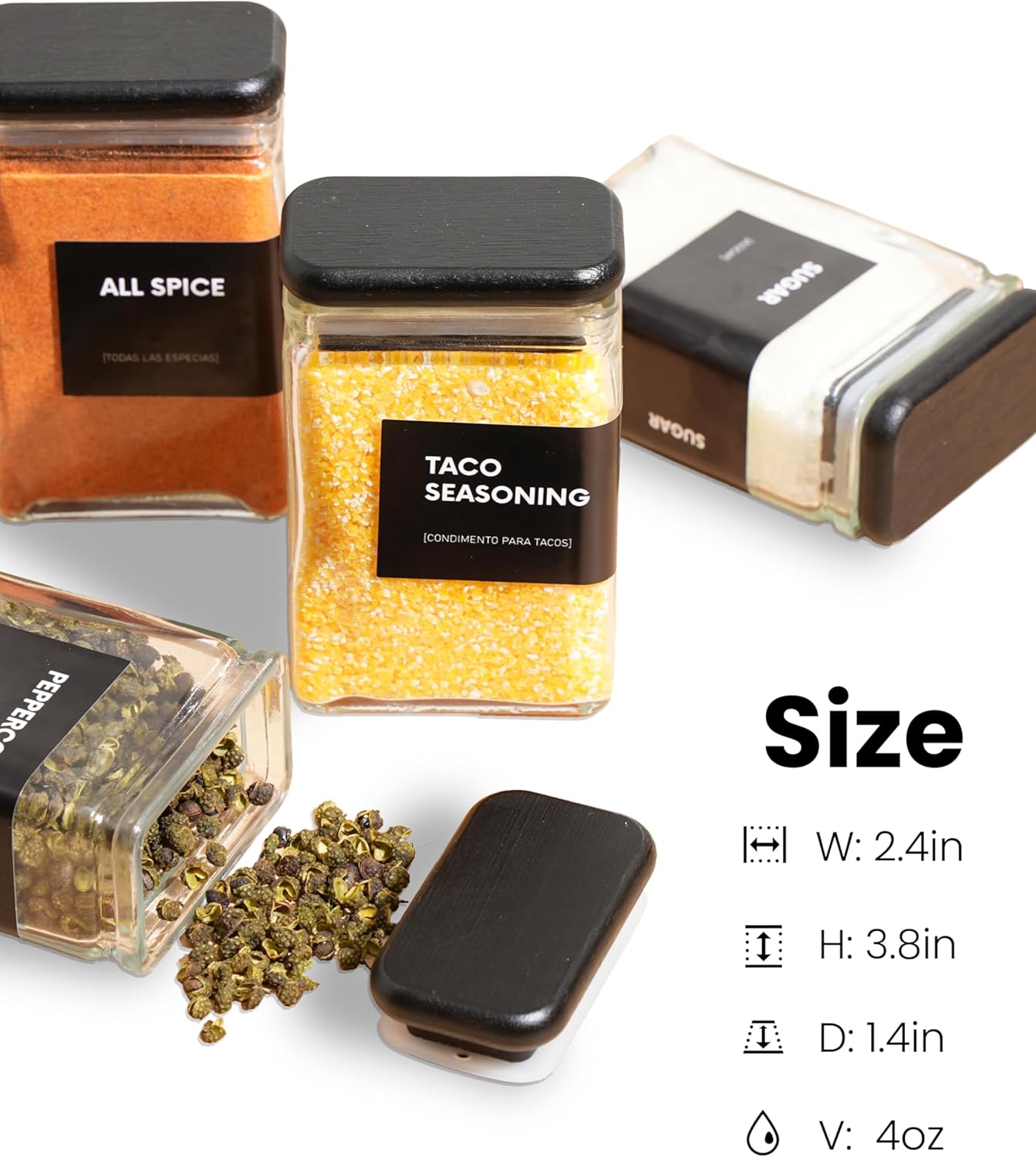 APT 1101 Glass Square Spice Jars with Labels, 4oz Glass Jars with Bamboo Lids, Spice Bottles, Seasoning Organizer, 12 Pack (Black)
