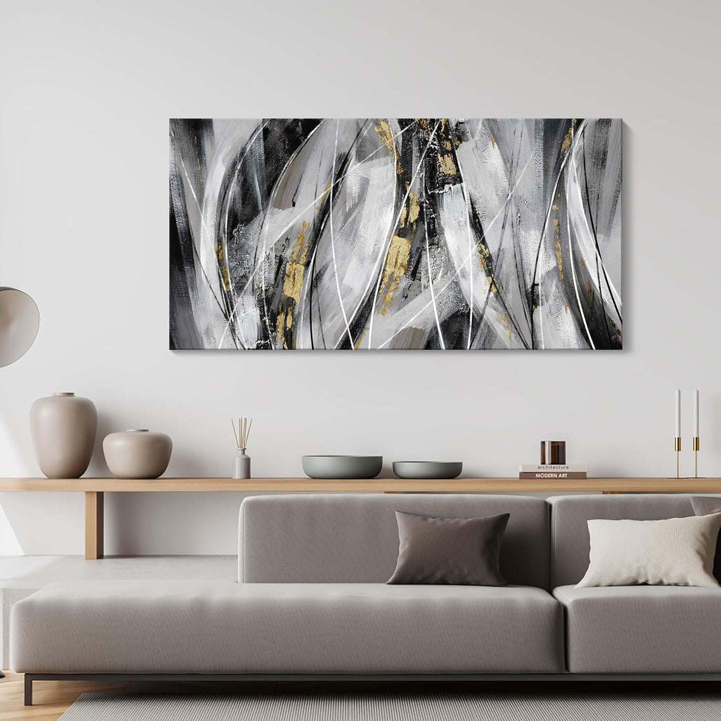 KLAKLA Black and Gold Abstract Wall Art - Big Picture for Living Room Wall - Black and White Canvas Art Work for Home Decor Bedroom Wall Decoration