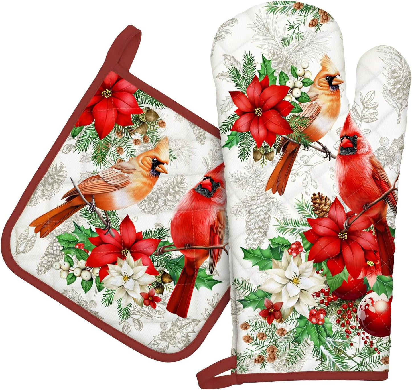 Christmas Cardinal Oven Mitts and Pot Holders Sets 2Pcs, 100% Cotton Heat Resistant, Extra Long Oven Gloves Potholder for Kitchen Cooking Baking Decoration