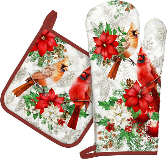 Christmas Cardinal Oven Mitts and Pot Holders Sets 2Pcs, 100% Cotton Heat Resistant, Extra Long Oven Gloves Potholder for Kitchen Cooking Baking Decoration