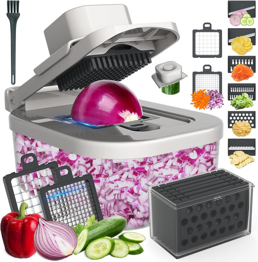 11-in-1 Mandoline Slicer for Kitchen, Food Chopper with Container, Vegetable Dicer Onion Slicer, Veggie Cutter for Fruit Salad Kitchen Gadgets Essential Tools (Grey)