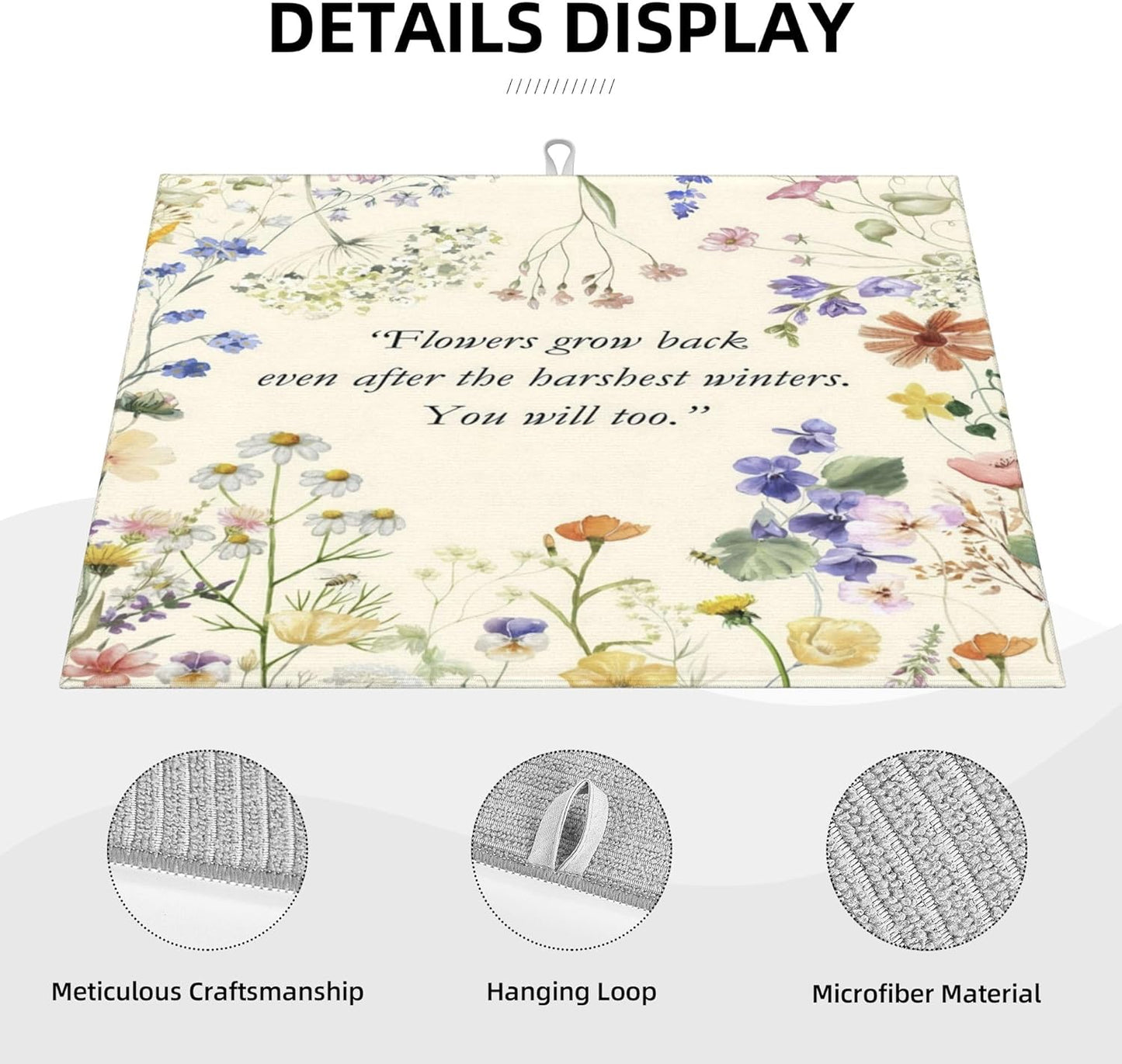 Inspirational Flower Language Dish Drying Mat 18x24 Inch, Microfiber Absorbent Fast Dry Mat Daisy Floral Large Dish Mat Drying Kitchen Mat, Kitchen Drying Pad for Kitchen Counter Decor