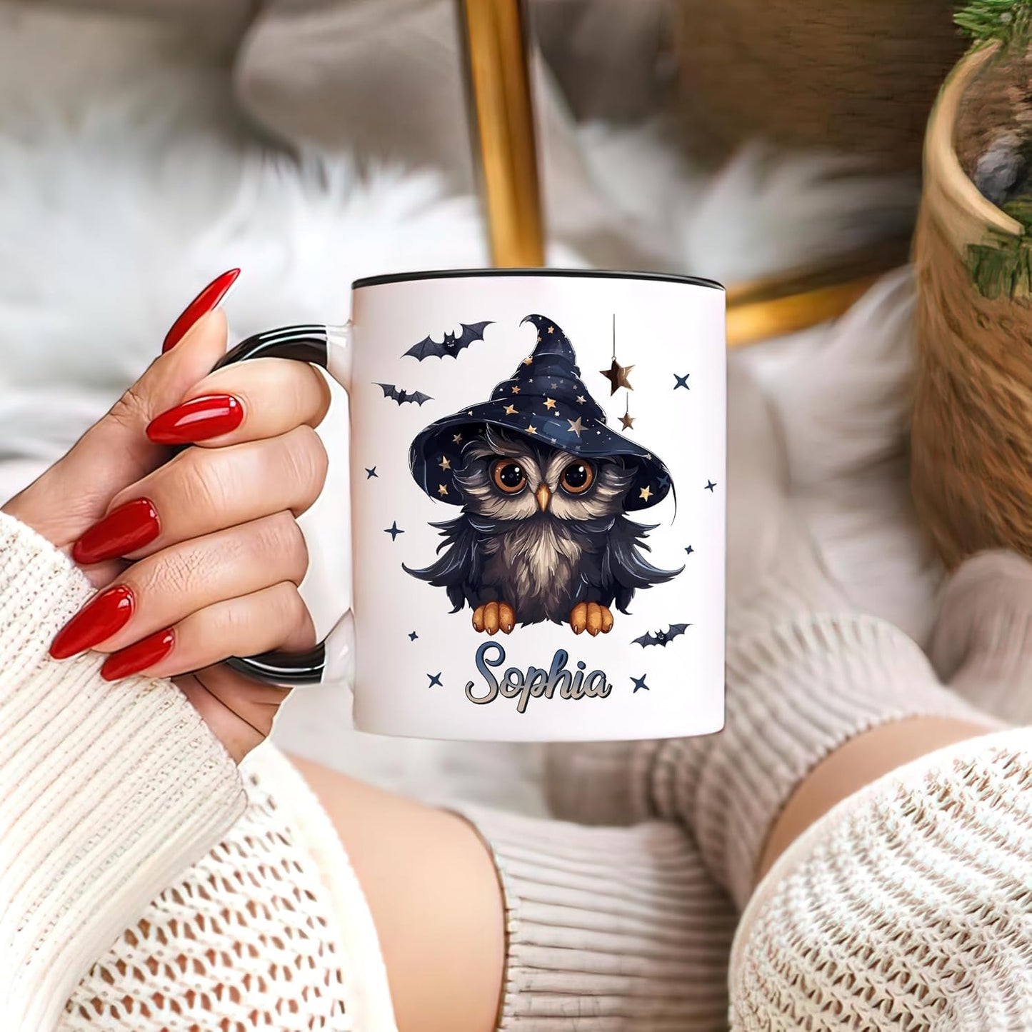 Hyturtle Personalized Halloween Owl Mug - Owl Gift For Women Lover - Wild Animal Lover Gift For Her - Spooky Season Decor For Fall Season Halloween - Custom Name Coffee Cup Ceramic Mug 11 oz 15 oz