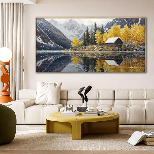 KLAKLA Living Room Wall Art - Tranquil Lake Cabin Orange Tree Forest Snowy Mountain Canvas Wall Decor Oversize Landscape Picture Framed Artwork for Bedroom Office Walls Home Decoration 58x29 Inches