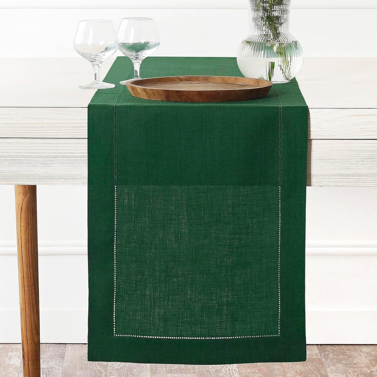 D'Moksha Homes Linen Forest Green Table Runner 90 Inches Long - Classic Hemstitch 100% Pure Linen Dining Table Runner 14 x 90 Inch for Fall, Autumn and Halloween