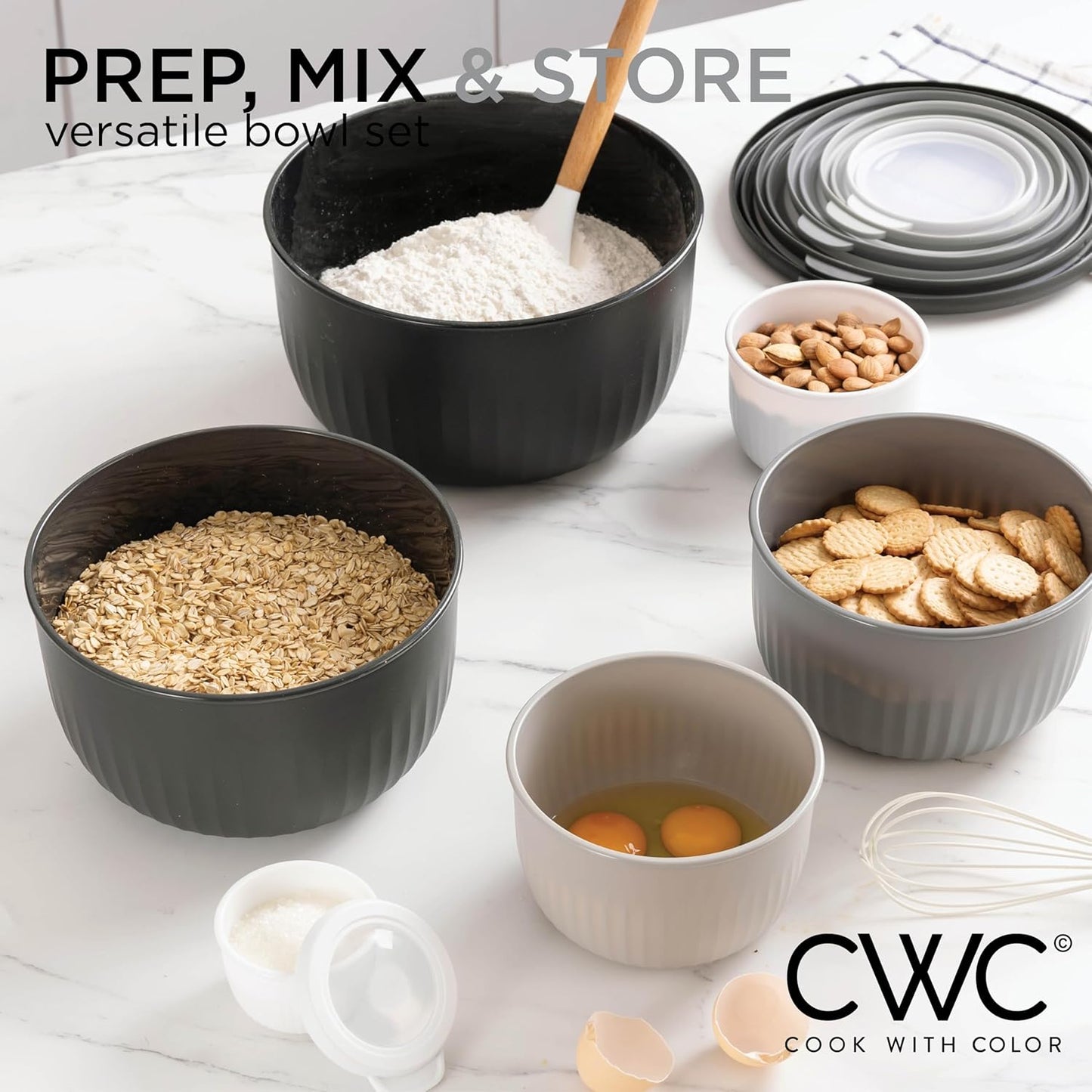 COOK WITH COLOR Prep Bowls with Lids- Wide and Deep Nesting Plastic Small Mixing Bowl Set with Lids, 12 Piece Set - Deep Bowls, Black/White