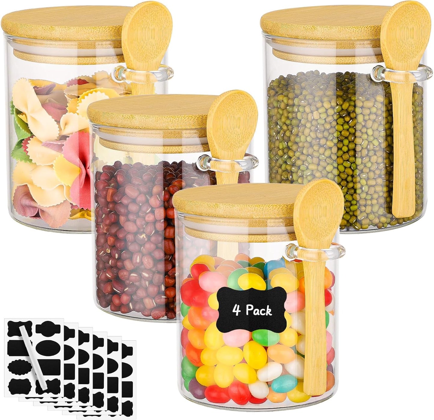 Glass Jars with Bamboo Lids - 4 Pack 15 Fl.oz Round Glass Storage Jars with Airtight Lid and Spoon, Clear Stackable Food Container for Overnight Oats, Spice, Coffee, Sugar, Tea Canister
