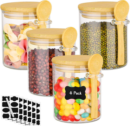Glass Jars with Bamboo Lids - 4 Pack 15 Fl.oz Round Glass Storage Jars with Airtight Lid and Spoon, Clear Stackable Food Container for Overnight Oats, Spice, Coffee, Sugar, Tea Canister