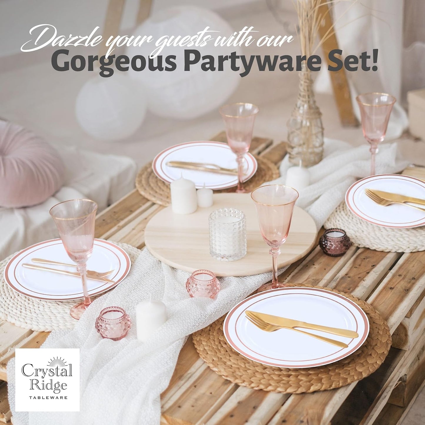60 Pieces White Plastic Disposable Plates - Premium Heavy-Duty 30 Dinner Plates & 30 Salad Plates with Rose Gold Rim Ideal for Party, Birthday and Special Events