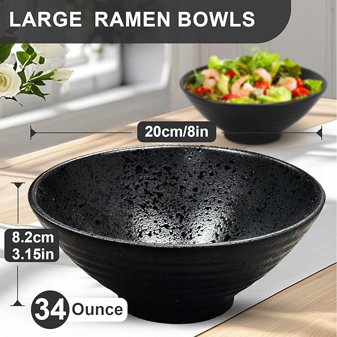 8-Inch Ceramic Ramen Bowl Set of 2 (9 Piece) - Porcelain Japanese Salad Noodles Cereal Fruit Pasta Soup Large Bowls with Recipes Chopsticks Forks Spoons for Men Women Gift Microwave & Dishwasher Safe