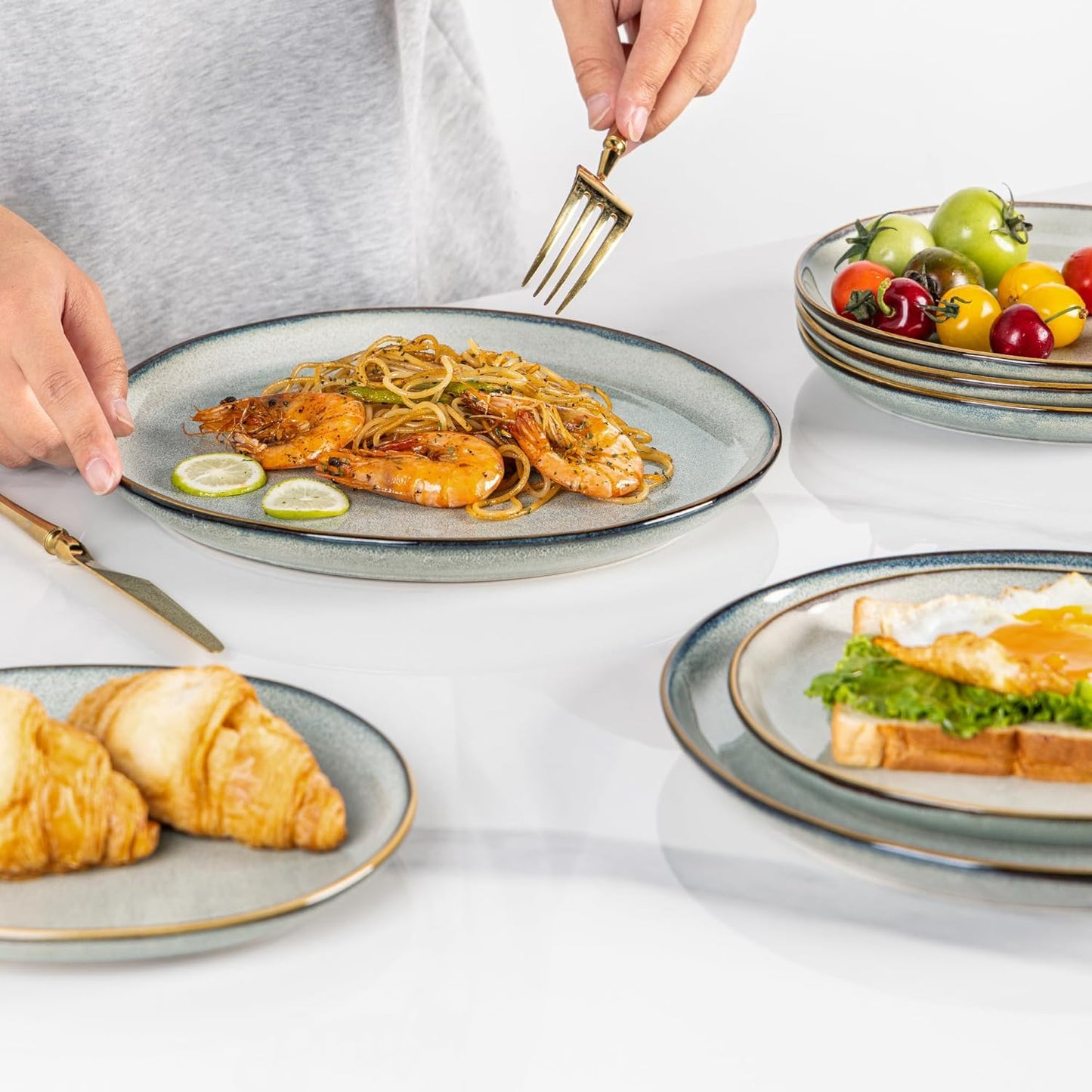 AmorArc Ceramic Dinner Plates Set of 6, 10.5 Inch Handmade Reactive Glaze Stoneware Plates, Rustic Shape Dinnerware Dish Set for Kitchen, Microwave & Dishwasher Safe, Scratch Resistant