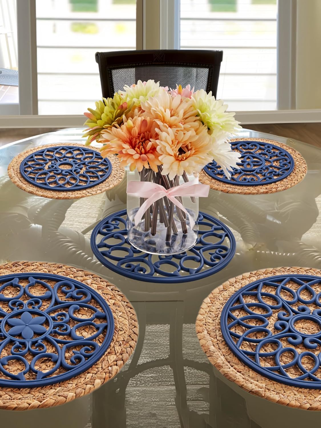 SMARTAKE 3 Set Silicone Trivet Mats, Multi-Use Carved Trivet Mat, Insulated Non-Slip Durable Kitchen Mats, Flexible Modern Kitchen Table Mat, for Hot Dishes, Pots, Dining Countertop, Navy Blue